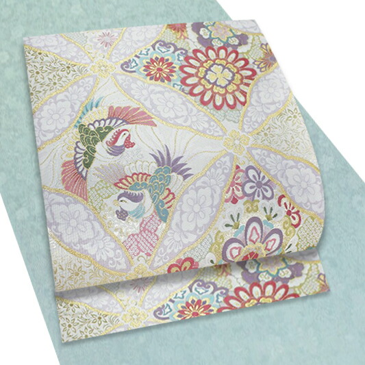 楽天市場】袋帯 西陣 となみ織物 薄灰白地 華文 菊 鳳凰 鳥 菱模様