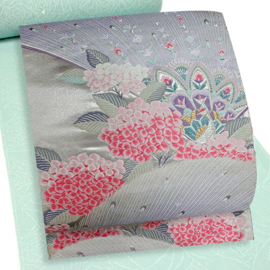 残りわずか 中古 袋帯 リサイクル 唐織 金銀糸 金 銀 紫 桃色 水色 白 紫陽花 孔雀 鳥 羽根 結婚式 礼装用 フォーマル 入学式 卒業式 入園式 卒園式 七五三 お宮参り お茶会 中古 お仕立て済み No 6 0164 はつはなづき 日本全国送料無料 Crystalchemical Com Ec