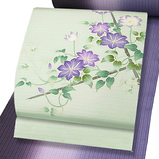 夏物 十日町友禅 秀美 名古屋帯 正絹 カジュアル 未仕立て 新品 鉄線の花 絽 九寸名古屋帯 青磁色 着物 受注生産 No.88-2028