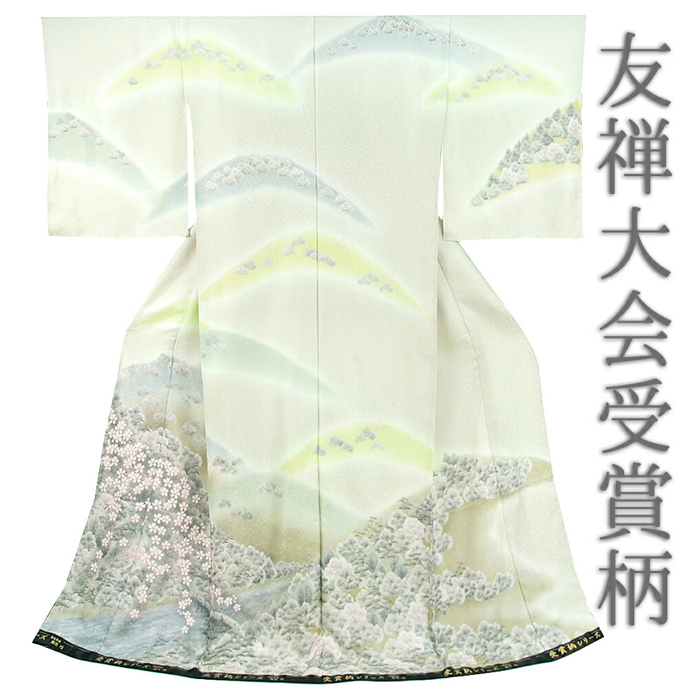 着物 シック エレガント 上品 映画鑑賞 パーティー お茶会 お宮参り 七五三 卒園式 入園式 卒業式 入学式 礼装用 フォーマル 結婚式 反物 未仕立て 仮絵羽 風景 自然 古典 水 川 桜 林 森 山 青緑 グリーン 薄緑 淡い緑 緑
