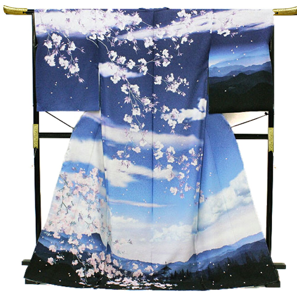 訪問着 着物 富士山 正絹 結婚式 礼装用 世界文化遺産 日本シリーズ 富士山 桜 五重塔 青紫色 正絹 仮絵羽 未仕立て 反物 最高級ちりめん 仮絵羽 結婚式 フォーマル 礼装用 逸品 モ 着物 受注生産 No.88-1862