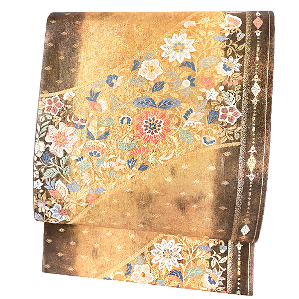 【 中古 】 袋帯 正絹 リサイクル 唐織 金地 ブラック 黒 茶 金 白 青 赤 花唐草 唐花 更紗 光彩箔 お洒落 シック 結婚式 礼装用 フォーマル 仕立て上がり 中古 成人式 振袖 No.6-1352｜はつはなづき