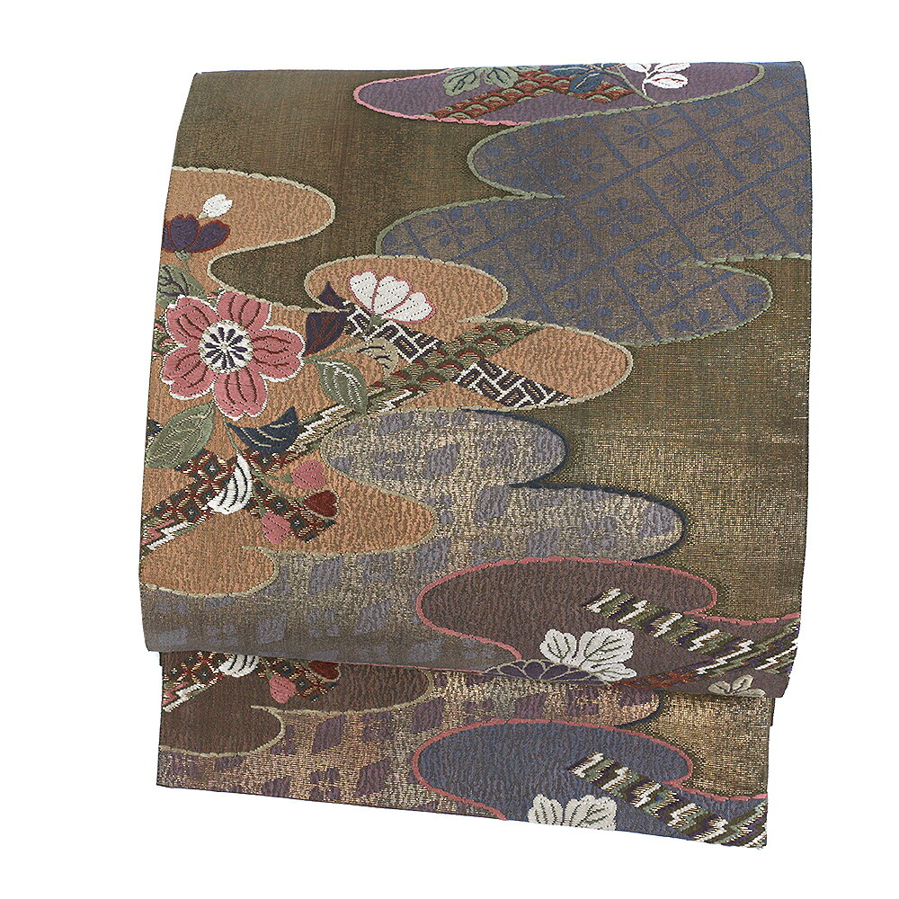 【 中古 】 袋帯 正絹 唐織 リサイクル 金抹茶 抹茶色 花 菊 桜 萩 雲 雲取り 金糸 引箔 彩花秀麗文様 吉祥文様 個性的 礼装用 フォーマル 中古 仕立て上がり No.6-1332