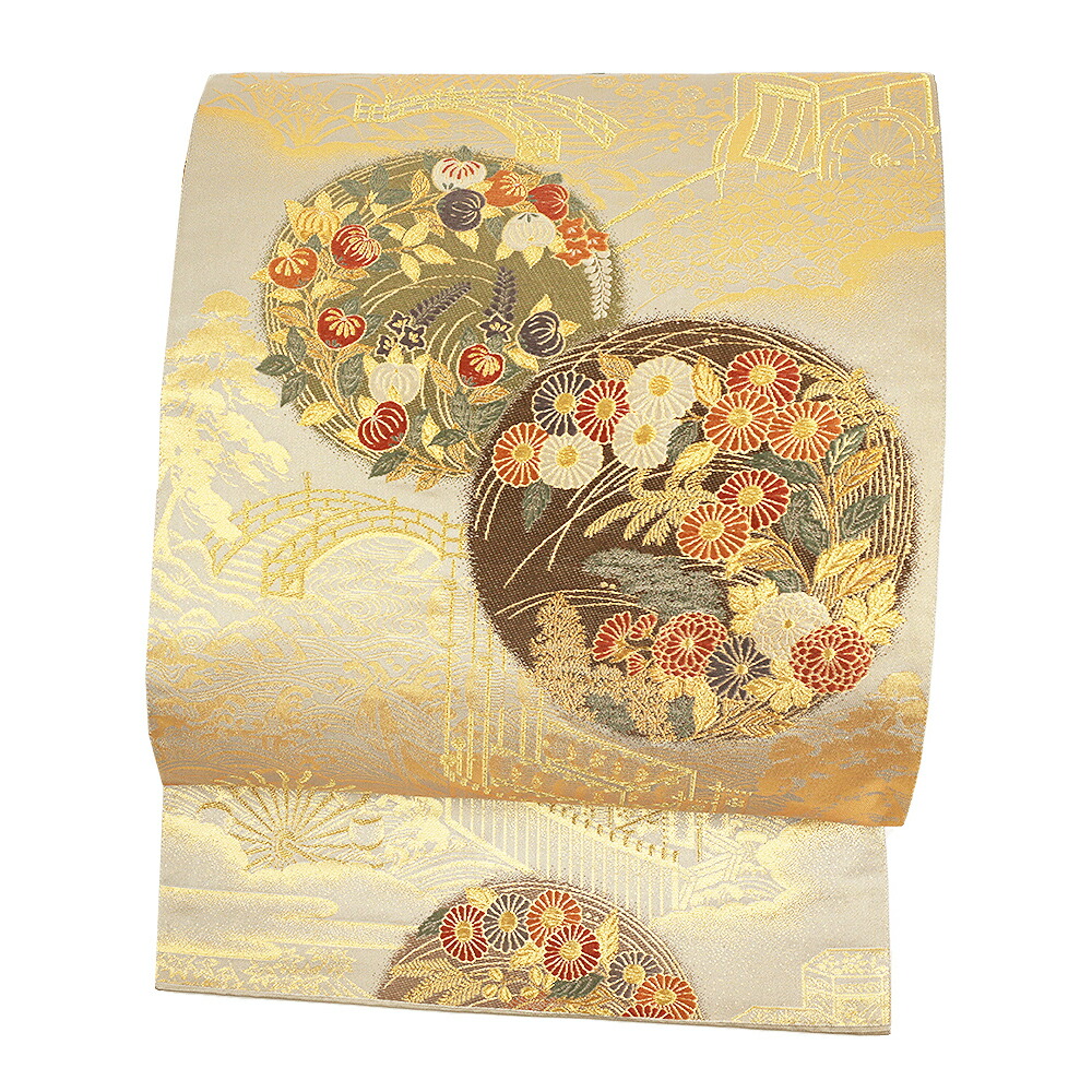 【 中古 】 袋帯 正絹 唐織 リサイクル グレー シルバー 御所解 花 花の丸 菊 橘 藤 桔梗 松 梅 菖蒲 紅葉 流水 青海波 船 御所車 閣 橋 貝桶 金糸 礼装用 フォーマル 仕立て上がり No.6-1337