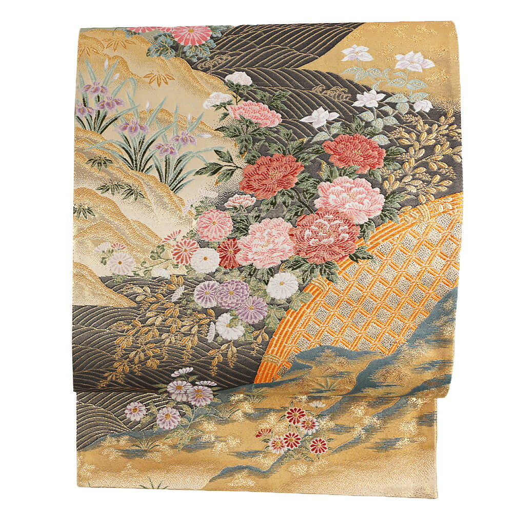 【 中古 】 袋帯 正絹 唐織 金糸 クリーム色 赤 ピンク 橙 黄色 白 紫 緑 菊 牡丹 九百錦本金貳重箔 山水優彩花文 礼装用 フォーマル 仕立て上がり 振袖 成人式 No.6-1436