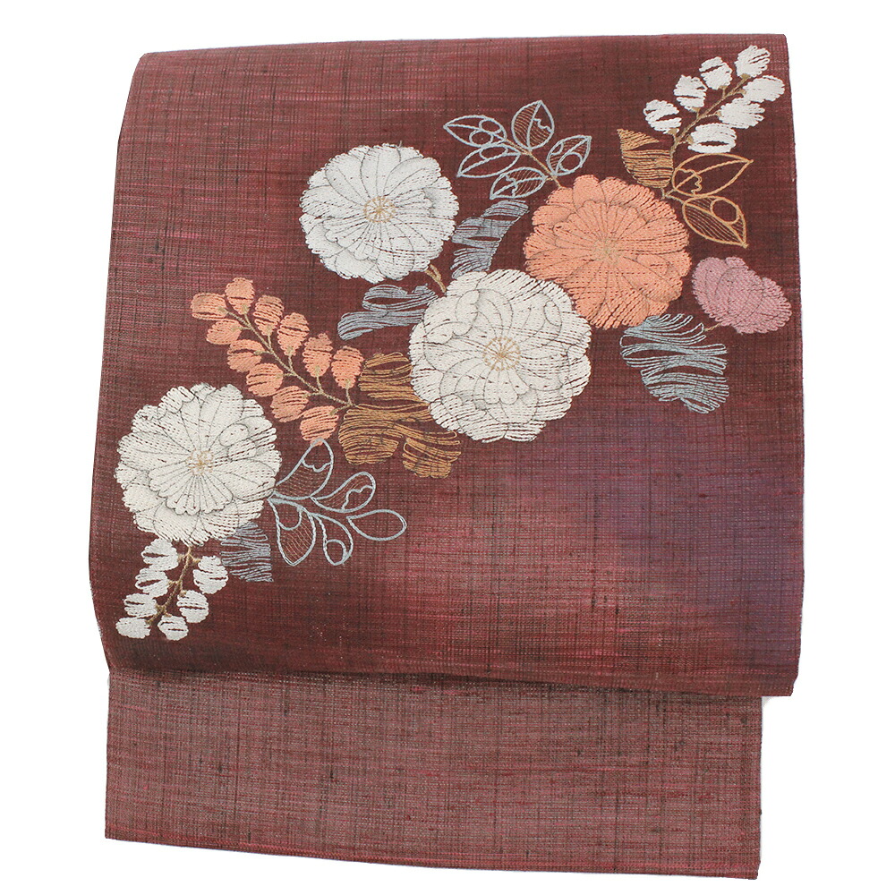 【 中古 】 袋帯 正絹 リサイクル 紬 臙脂 花 辻が花 菊 萩 仕立て上がり パーティー 大人 中古 お太鼓 No.6-1465|はつはなづき