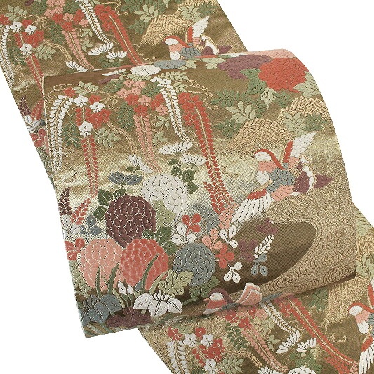 【 中古 】 袋帯 正絹 唐織 リサイクル 金地 花 鳥 菊 藤 菖蒲 流水 流水に鴛鴦 金糸 礼装用 フォーマル 中古 仕立て上がり お洒落 No.6-0790