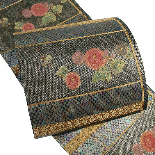 【 中古 】 西陣 じゅらく 袋帯 正絹 唐織リサイクル 黒地 花 横段 菊 金銀糸 礼装用 フォーマル 中古 仕立て上がり お洒落 No.6-0792