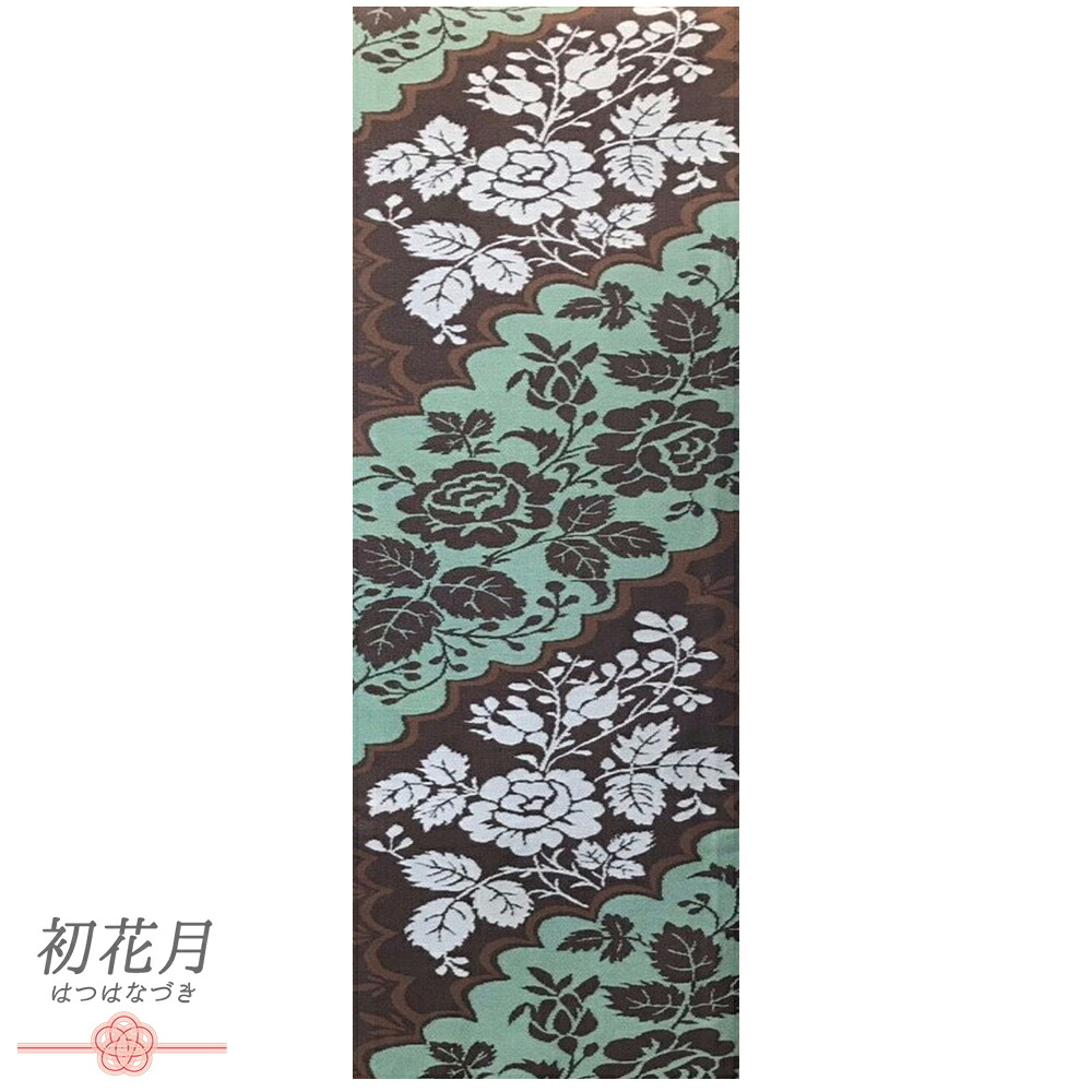 半幅帯 浴衣帯 ゆかた帯 正絹 桐生織 茶 薄緑 花 牡丹 縞 波 雲 和柄 リバーシブル お洒落 新品 細帯 日本製 カジュアル 小紋 紬 浴衣 お取り寄せ No.10-5670｜はつはなづき