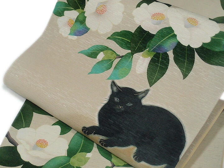 ワッカWAKKA 未使用品　九寸名古屋帯　深緑と黒の正絹の生地に猫とハート模様 88-2597a1.jpg