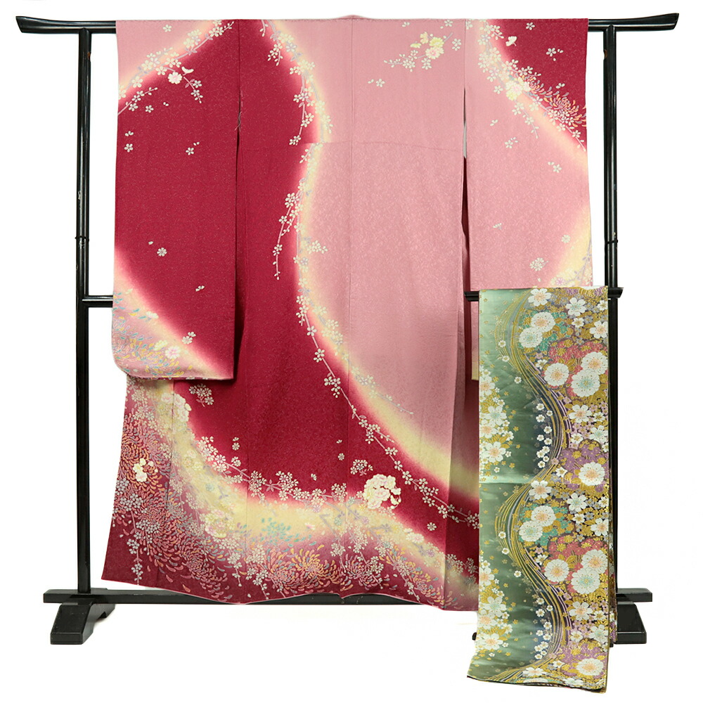 【 中古 】 振袖 袋帯 リサイクル 2点セット 赤 ピンク 緑 金彩友禅 唐織 花 桜 流水 仕立て上がり 礼装用 フォーマル 身丈163cm 裄67.5cm M Lサイズ No.3-0379