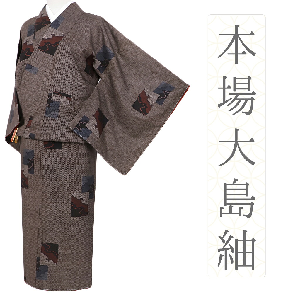 【 中古 】 大島紬 正絹 リサイクル 着物 7マルキ 一元絣 こげ茶 カジュアル 霞 色紙 身丈165cm 裄67cm Ｌサイズ 本場 新古品 仕立て上がり No.i3-0779