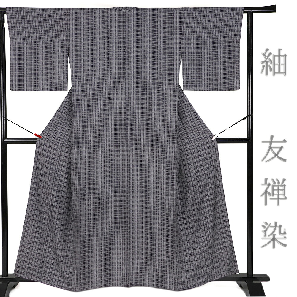 【 中古 】 紬 着物 中古 リサイクル 正絹 灰紫 格子 縦節 仕立て上がり 身丈165.5cm 裄69cm Lサイズ 友禅染 個性的 ユニーク チェック カジュアル 洒落 No.3-0775|はつはなづき