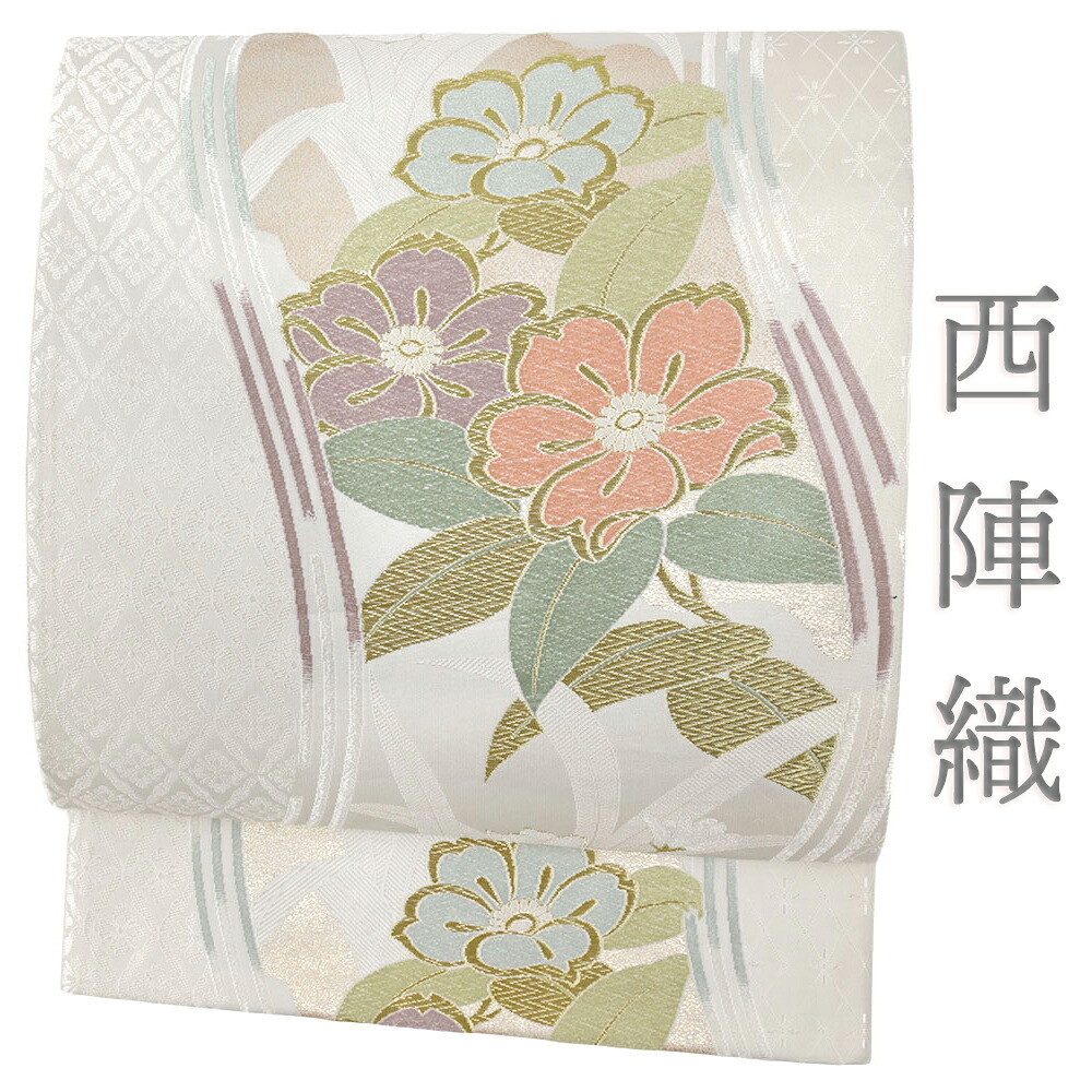 【 中古 】 袋帯 中古 リサイクル 正絹 唐織 グレージュ 灰色 ベージュ 金糸 花 椿 花菱 流水 西陣織 仕立て上がり 着物 礼装用 セミフォーマル 成人式 結婚式 上品 粋 六通 No.i6-2005