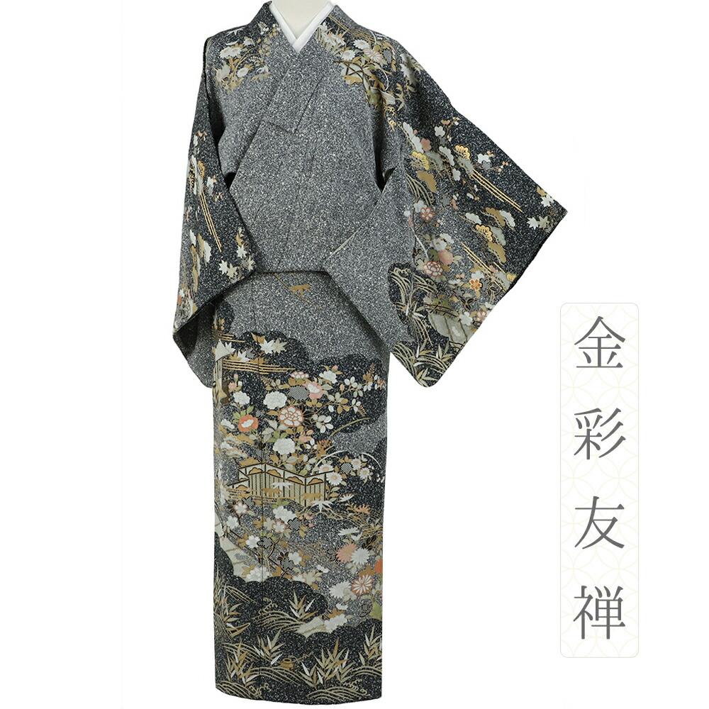 【 中古 】 訪問着 正絹 黒地 リサイクル 白 花 梅 菊 桔梗 牡丹 雲 萩 松 笹 紅葉 波 橋 着物 身丈161.5cm 裄67.5cm Lサイズ 仕立て上がり お洒落 セミフォーマル 礼装用 ちりめん たたき染 金彩加工 友禅染 No.i3-0833|はつはなづき