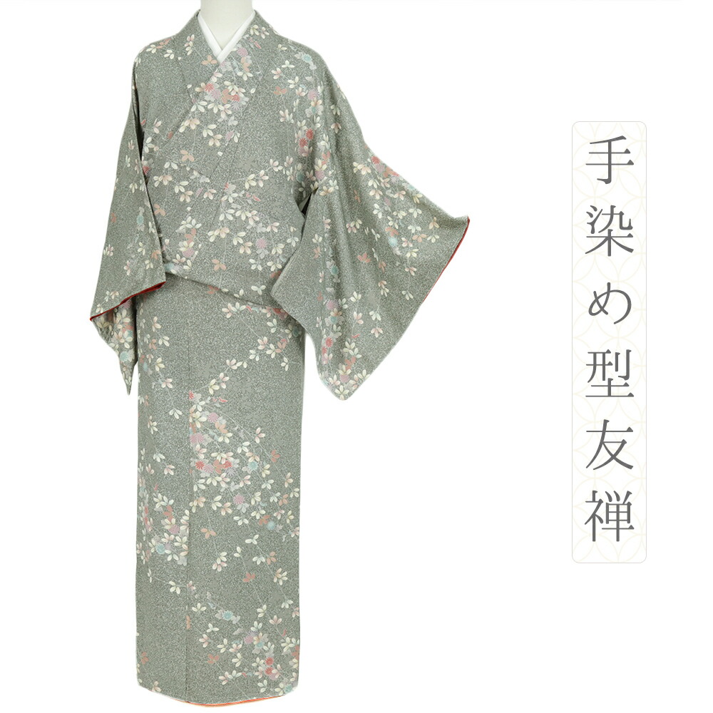 【 中古 】 小紋 中古 着物 リサイクル 正絹 新古品 グレー 秋草 萩 身丈164.5cm 裄丈67.5cm Ｍサイズ 仕立て上がり 友禅染 たたき染め 金彩加工 カジュアル お洒落 No.i3-0901