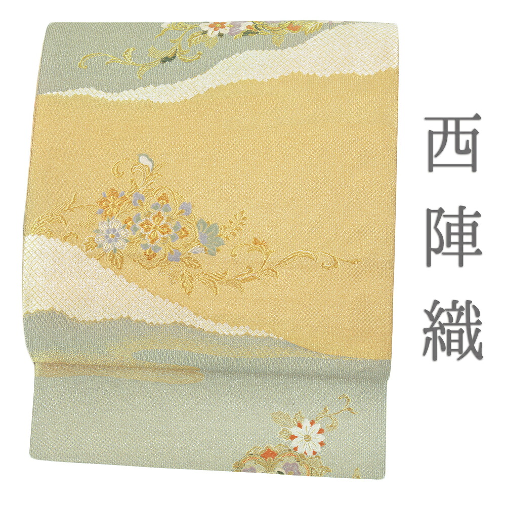 【中古】 袋帯 正絹 中古 リサイクル 金地 綴れ 金通し 銀通し 花唐草 華紋 流水 西陣織 唐織 六通 仕立て上がり 新古品 礼装用 フォーマル No.i6-2062｜はつはなづき