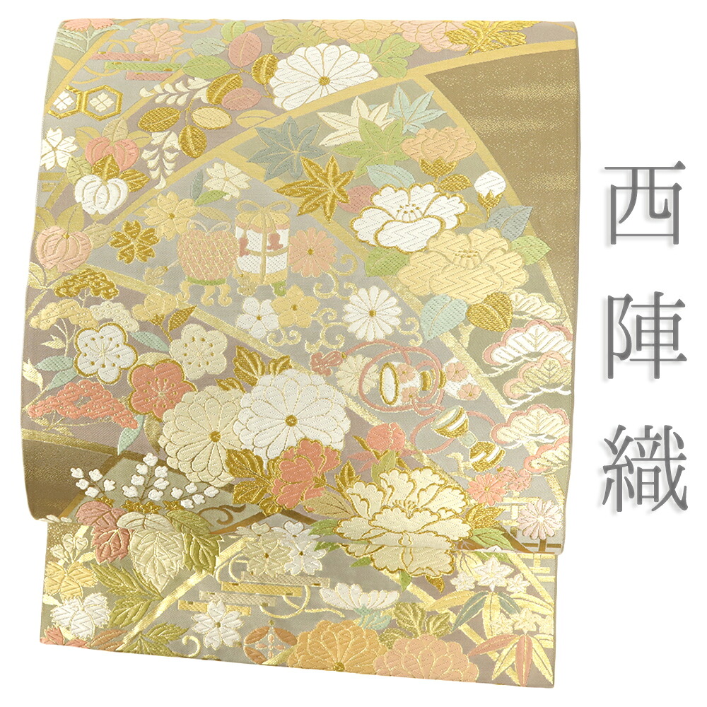 【 中古 】 袋帯 中古 唐織 金 花 菊 椿 牡丹 笹 桔梗 紅葉 花唐草 鼓 リサイクル 着物 仕立て上がり 礼装用 フォーマル 結婚式 No.i6-2175