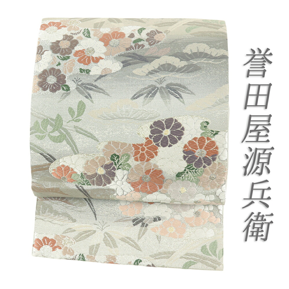 【 中古 】 袋帯 中古 銀 誉田屋源兵衛 菊 桜 金華燦 松 竹 リサイクル 礼装用 手織 唐織 金通し 銀通し 着物 仕立て上がり フォーマル 結婚式 付下げ 色無地 六通 No.i6-2277｜はつはなづき