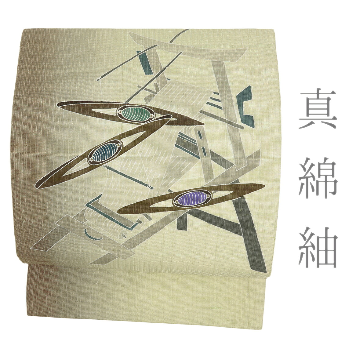 【 中古 】 名古屋帯 真綿紬 正絹 イエローベージュ 織機 リサイクル 作家物 落款 カジュアル お洒落 仕立て上がり 九寸 No.i6-2400｜はつはなづき