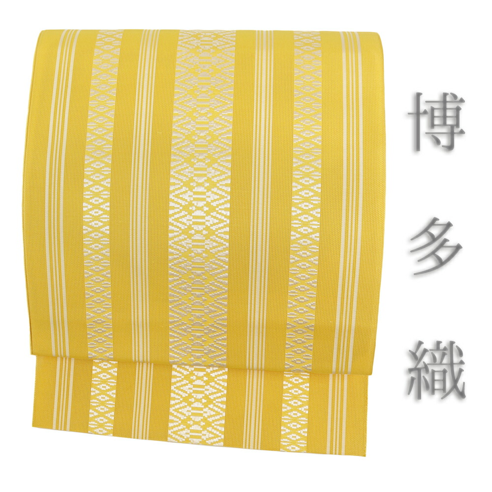 【 中古 】 名古屋帯 博多織 黄色 夏帯 夏帯 紗 三献上 紗献上 白 黒 正絹 仕立て上がり 新古品 夏物 カジュアル お洒落 八寸 No.i6-2493