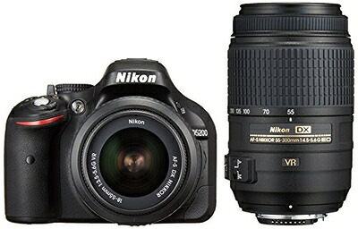 【中古】 Nikon デジタル一眼二眼レフ写真機 D5200 ダブルズームキット AF-S DX NIKKOR 18-55粍 f/3.5-5.6G VR/ AF-S DX NIKKOR 55-300粍 f/4.5-5.6G ED VR 黒いこと D5200WZBK
