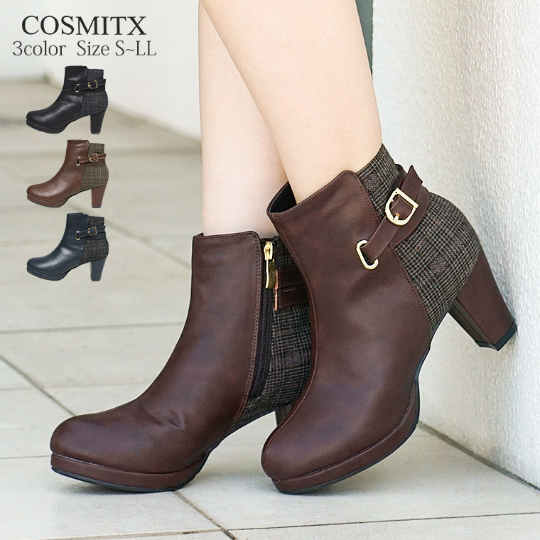 楽天市場 ショートブーツ レディース 太ヒール ブーツ ショートブーツ 黒 ダブルベルト チャンキーヒール ブーツ 異素材 ダブルベルト サイドファスナー 美脚 ブラック ネイビー ブラウン チェック 6060 送料無料 S Mart