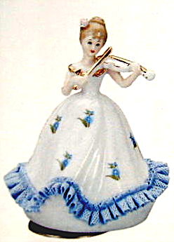 陶器レース人形回転オルゴール(バイオリンを弾く女性)