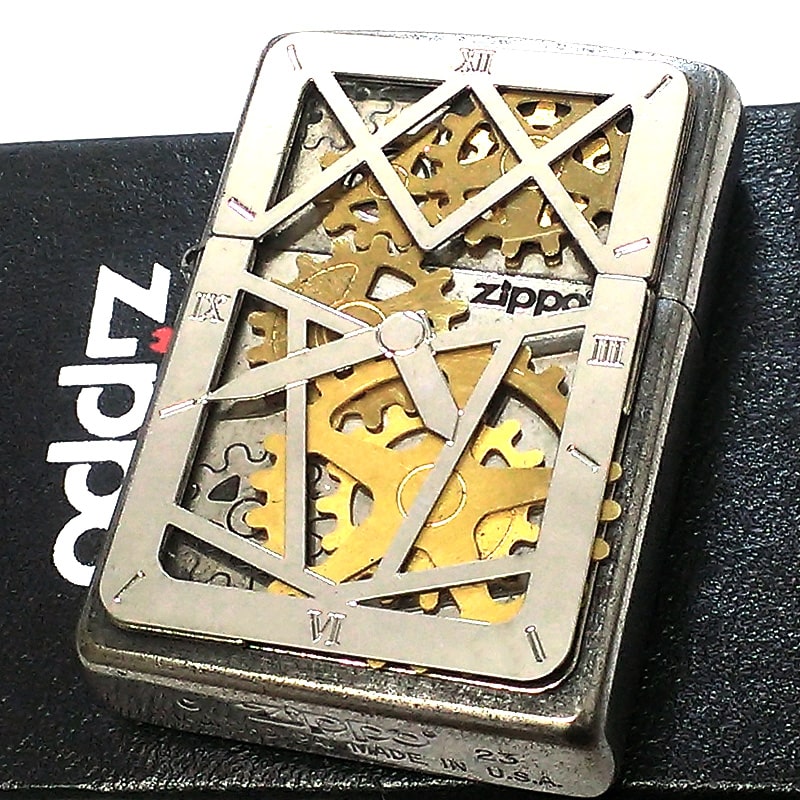ZIPPO ライター 可動式メタル 古美仕上げ ジッポ ロゴ ギアメタル スケルトン 歯車 アンティーク シルバー 時計 文字盤 おしゃれ クロームユーズド 珍しい かっこいい メンズ 父の日 プレゼント ギフト 動画有り