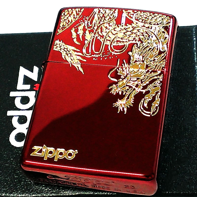 ZIPPO 和柄 かっこいい ドラゴン 彫刻 ジッポ ライター 竜 ワインレッド＆ゴールド 龍 赤金 干支 辰 御守り メンズ プレゼント ギフト