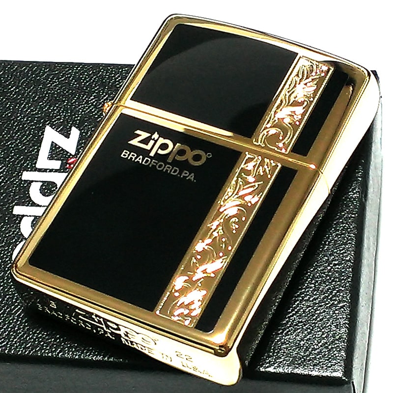 ZIPPO ライター シンプル アラベスク ライン入り ロゴ 金 両面加工 ジッポ ゴールド ブラック かっこいい メンズ 動画あり プレゼント ギフト
