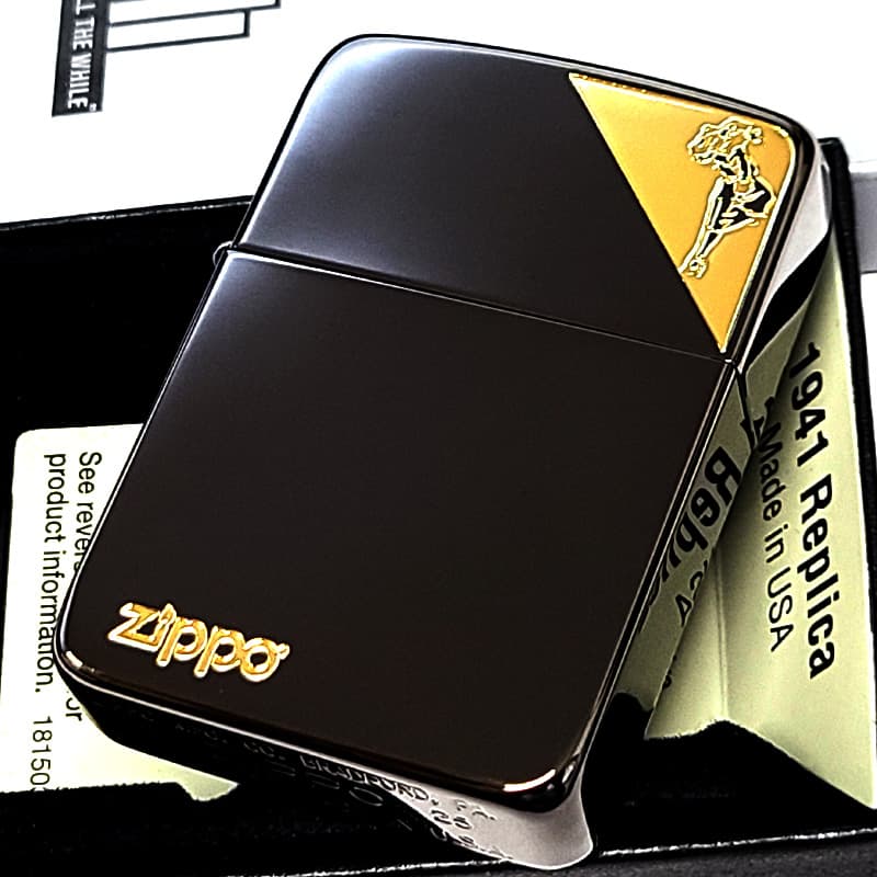 ZIPPO ライター 1941 復刻レプリカ ウィンディー ジッポ ロゴ 彫刻 ブラックニッケル ゴールド WINDY 金黒 おしゃれ メンズ レディース プレゼント ギフト