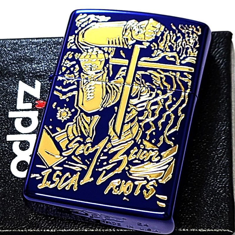 ZIPPO 平野耕太 アンデルセン 十字架 ヘルシング ジッポ ライター イオンブルー HELLSING 漫画 アニメ 彫刻 金差し おしゃれ ゴールド かっこいい 青 メンズ ギフト プレゼント 動画あり画像