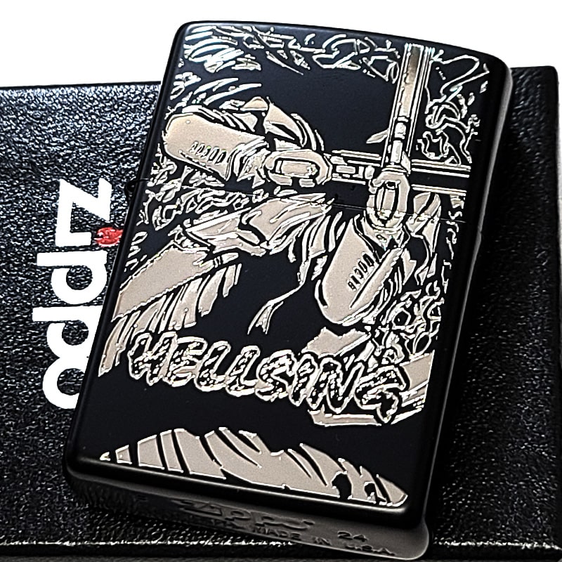 ZIPPO ライター ヘルシング 平野耕太 ジッポ マットブラック HELLSING ロゴ 十字架 彫刻 銀差し 漫画 アニメ 艶消し 黒銀 かっこいい おしゃれ メンズ ギフト プレゼント 動画あり画像
