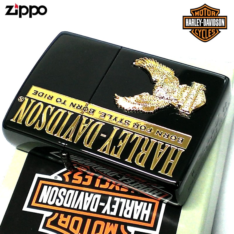 ZIPPO ライターかっこいい ハーレー ダビッドソン ジッポ HARLEY-DAVIDSON イーグルメタル ロゴ ブラックイオン 鷲 彫刻 黒金 金差し おしゃれ 渋い ゴールド メンズ プレゼント ギフト 動画有り｜Zippoタバコケース 喫煙具のハヤミ