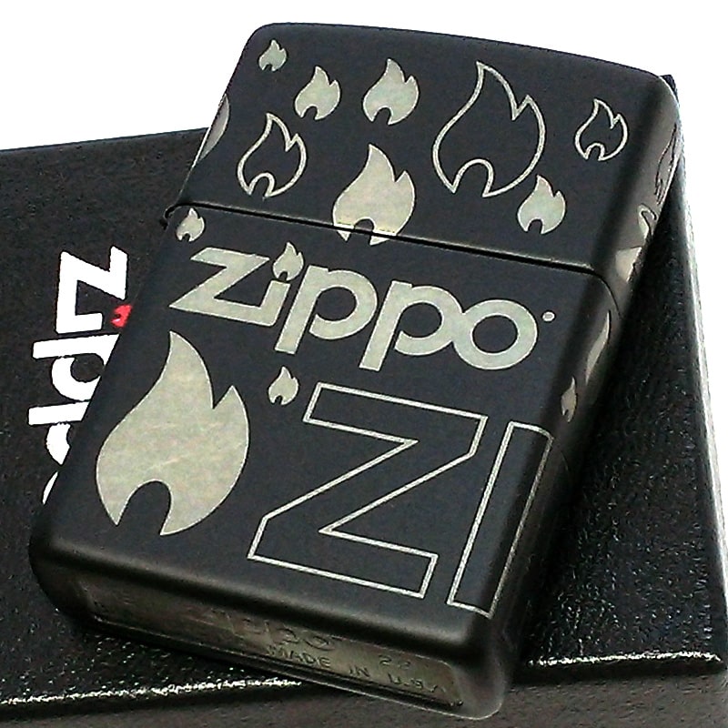 ZIPPO ライター ブラック ジッポロゴ フレームデザイン 炎 おしゃれ 4面加工 艶消し Zippo Design メンズ かっこいい 黒 プレゼント ギフト