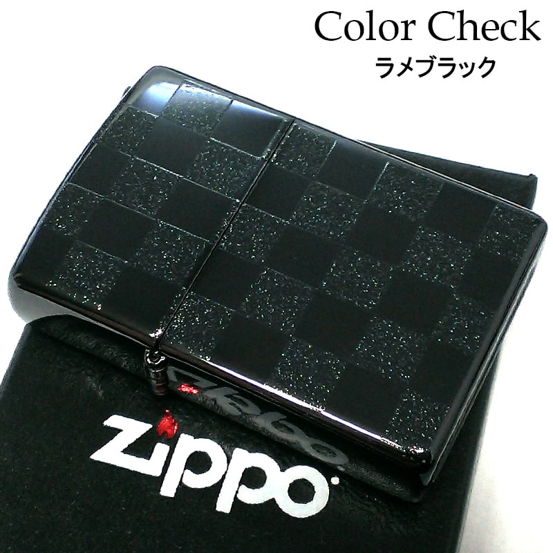 zippo☆両面☆ブラックチェックBK☆ジッポ ライター Zippo ジッポー チェック ラメ 幾何学模様 両面加工 ブラック