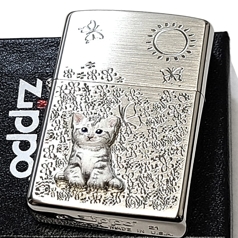 ZIPPO ライター ねこ 花柄 可愛い ジッポ 猫 アッシュグレー ネコ メタル 女性 フラワー おしゃれ kitten flowers ホワイトニッケル 彫刻 レディース 女性 かわいい ギフト プレゼント