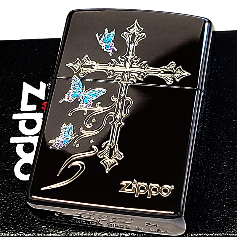 ZIPPO バタフライ クロス ブラックニッケル ジッポ ライター 蝶 十字架 かわいい 黒 女性 おしゃれ レディース ギフト プレゼント