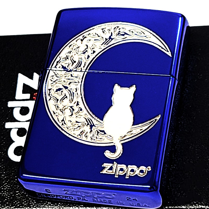 ジッポ ライター ねこ 月 ZIPPO ブルー 可愛い 猫 CAT & THE MOON ニッケル エッチング 彫刻 おしゃれ かわいい ネコ 女性 レディース ギフト プレゼント 動画有り
