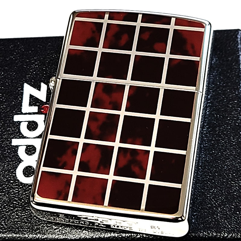 ZIPPO チェック柄 マーブル模様 ジッポ ライター 両面加工 シルバー＆レッド かっこいい メンズ レディース おしゃれ 赤 ギフト プレゼント