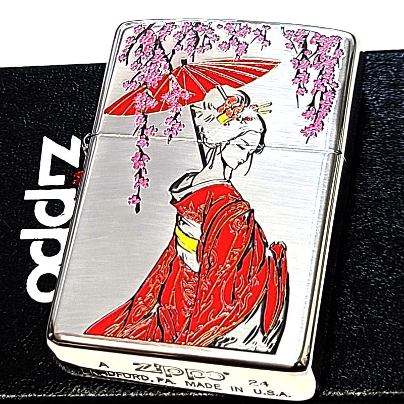ZIPPO ライター 芸者 紅色 和柄 ジッポ おしゃれ 枝垂桜 日本 シルバー レッド フルカラー 和風 銀燻し メンズ プレゼント ギフト