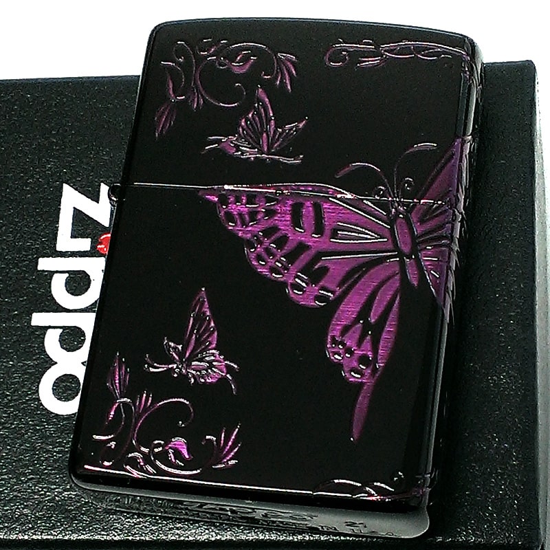 ZIPPO ライター 蝶 バタフライ ジッポー イオンブラック 紫 おしゃれ パープル レディース 黒 可愛い 女性 ギフト プレゼント 動画有り