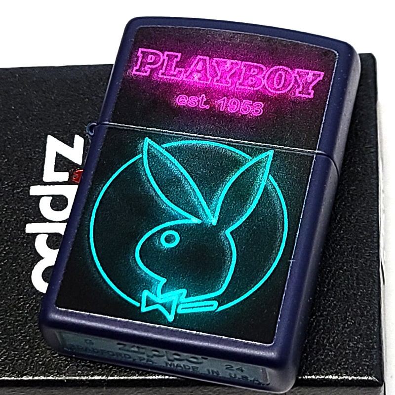 ZIPPO プレイボーイ ラビットヘッド PLAYBOY ロゴ ジッポ ライター 可愛い ネイビーマット ネオン 艶消し おしゃれ ウサギ メンズ プレゼント ギフト