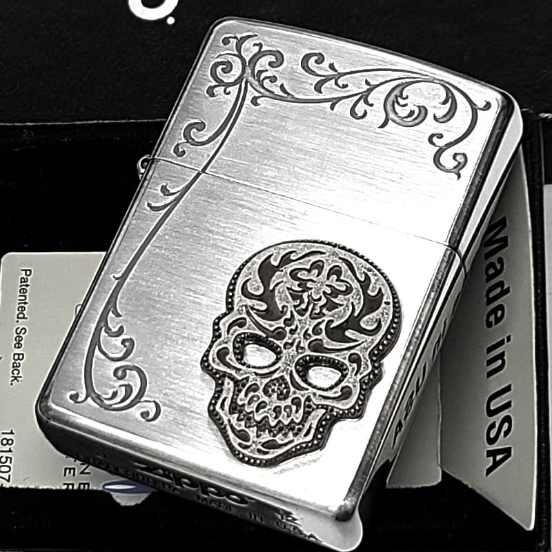 ZIPPO ライター 絶版 スカル アラベスク ジッポ 銀燻し 彫刻 ドクロ メタル アンティーク シルバー かっこいい 廃盤 Silent Skull Crest メンズ おしゃれ ギフト プレゼント