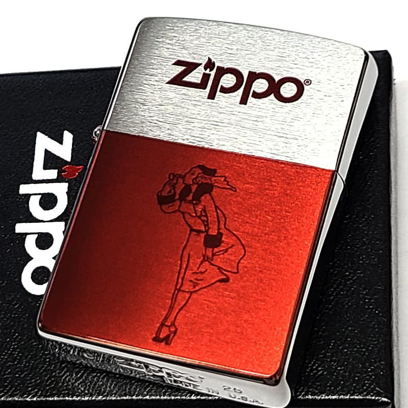 ZIPPO ライター ウィンディー シルバー×レッド ジッポ ロゴ おしゃれ 赤 レトロ 可愛い Windy ガール レディース メンズ ギフト プレゼント