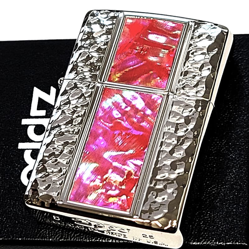 ZIPPO 天然貝 ジッポー ピンクシェル プラチナコーティング ライター シルバー ハンマートーン ギフト かっこいい おしゃれ レディース プレゼント メンズ