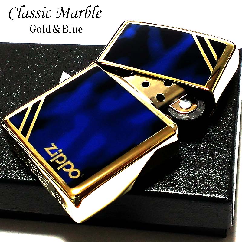 ZIPPO ライター ジッポ クラシック マーブル ゴールド＆ブルー 金タンク 金 青 ダイアゴナルライン かっこいい おしゃれ メンズ ギフト プレゼント 動画あり