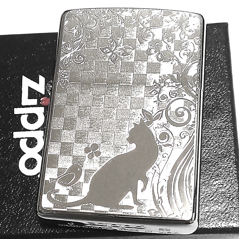 Zippo ライター ネコと小鳥 ジッポ 猫 細密エッチング かわいい 花畑 ユニーク ねこ 可愛い 女性 レディース メンズ ギフト プレゼント Christine Coppin Com