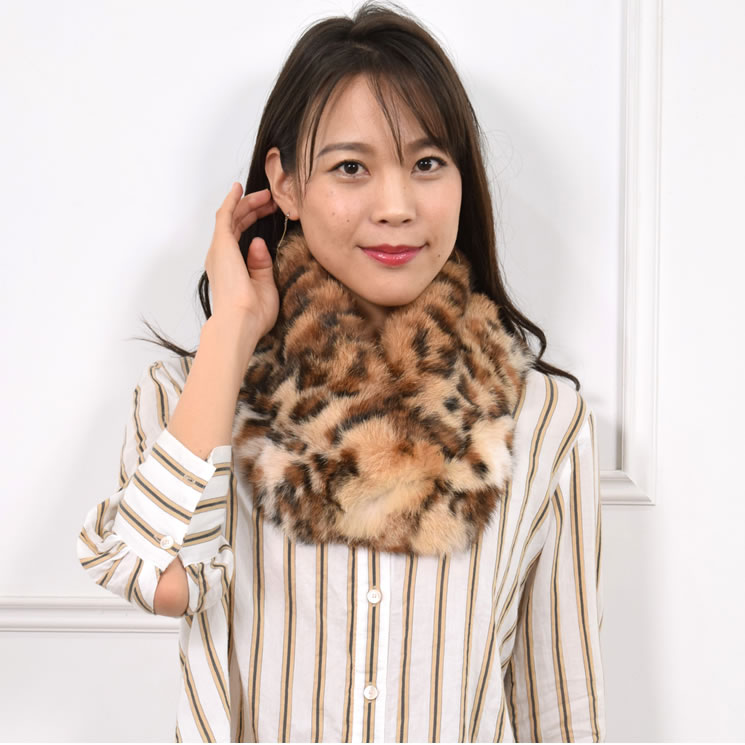 ラビット ファー マフラー レオパードプリント(FM2881)毛皮 女性用 ladies マフラ- MUFFLER 結婚式 プレゼント ギフト レディース ティペットmuffler ミセス ファッション 40代 50代